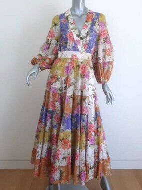 Zimmermann Pattie Midi Wrap Dress Patchwork Floral Print Cotton Size 1